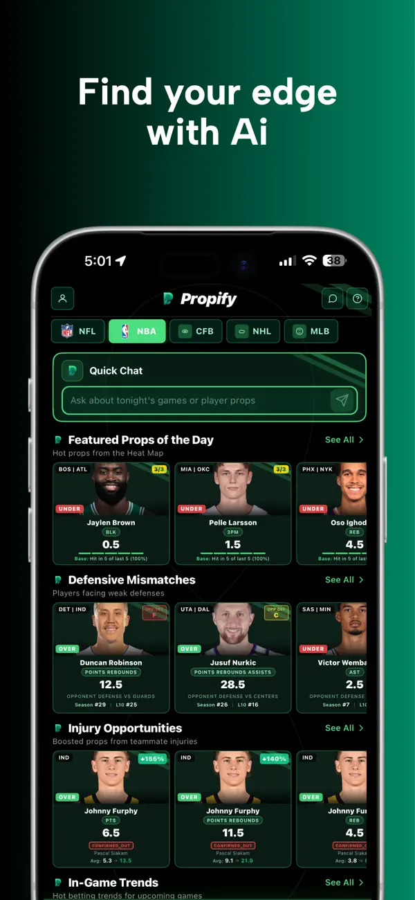 Propify app showing featured props, defensive mismatches and injury opportunities